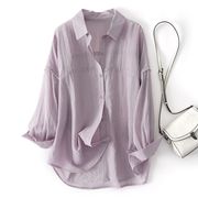 紫色冰丝防晒衬衫女夏洋气薄款透气大码宽松休闲天丝长袖上衣外套