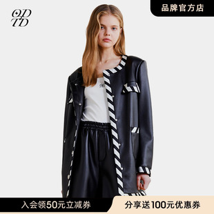 odtd2023秋季女士小众，设计款黑白条纹，织带拼接中长款皮外套