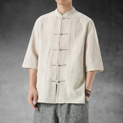 唐装男款中国风男装亚麻衬衫，外套七分袖，盘扣衬衣中式棉麻料上衣夏