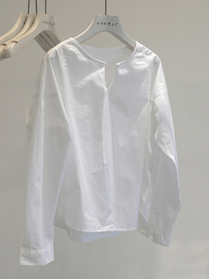 知性ol风~韩国chic春款优雅圆领，一粒扣宽松纯棉白色长袖衬衫女