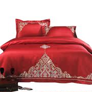 欧式贡缎大红色婚庆四件套全棉刺绣新婚庆床上用品结婚六件套床品