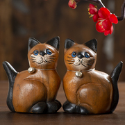 泰国木雕工艺品可爱小猫咪摆件创意木质客厅装饰品，情侣结婚礼物