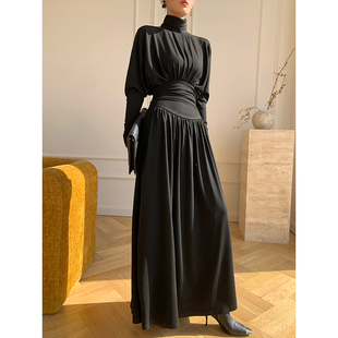 wangxo黑色设计感长袖高领针织，连衣裙女2024春季修身内搭长裙