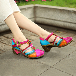 波西米亚靴子跨境复古亮色，花朵撞色魔术贴坡跟圆头玛丽珍鞋镂空凉