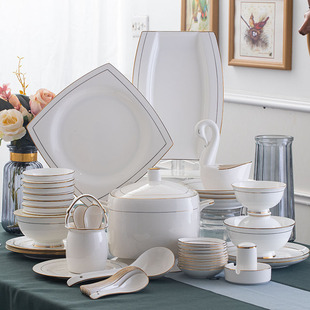 景德镇陶瓷餐具碗碟，套装家用碗盘欧式金边骨瓷碗盘子logo