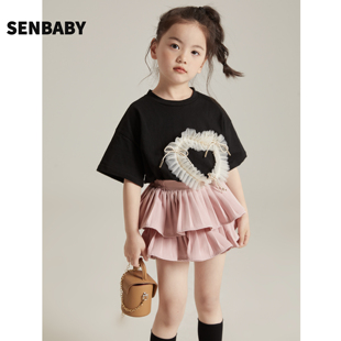 senbaby女童套装夏款儿童可爱蕾丝，爱心短袖t恤+粉色蛋糕裙裤套装