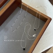WANDOU925纯银韩风简约素银色黑玛瑙项链亮眼高级气质感锁骨链