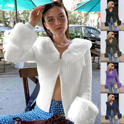 长袖毛线2024外套女针织上衣欧美毛毛领冬季女装跨境时尚性感