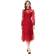 红色宴会晚装礼服裙2024春女装复古长袖圆领网纱立体花木耳连衣裙
