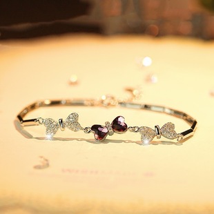镀925银手链女日韩甜美气质蝴蝶心形紫水晶锆石手链一件代发