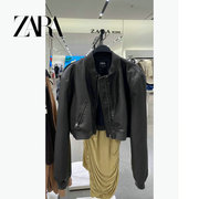 Z*ara皮衣女短款美式复古做旧黑上衣仿皮机车服夹克外套434173180