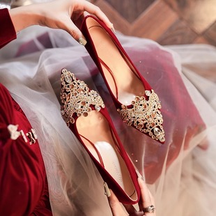 红色婚鞋2024年春秋法式秀禾婚纱两穿高跟鞋女新娘鞋细跟单鞋