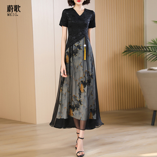 新中式黑色连衣裙气质修身2024夏高级感优雅改良长款旗袍裙女