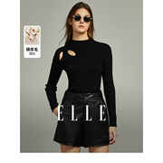 ELLE黑色法式高级感镂空套头毛衣女2023冬装修身显瘦毛针织衫