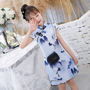 儿童日常传统优雅旗袍夏季时尚水墨，画中国风修身旗袍连衣裙