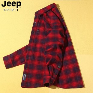 jeep吉普纯棉格子衬衫男士，长袖秋冬装红色休闲衬衣设计感高级上衣