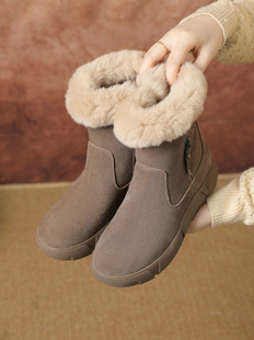 冬季真皮平底女靴子兔毛磨砂，牛皮短靴低跟保暖雪地靴休闲棉靴