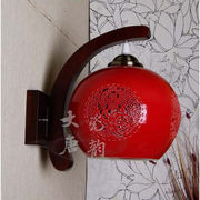中式现代仿古典红色结婚庆过道灯笼阳台卧室床头陶瓷壁灯实木红圆