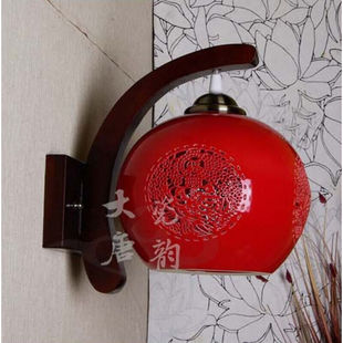 中式现代仿古典红色结婚庆，过道灯笼阳台卧室，床头陶瓷壁灯实木红圆