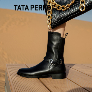 TATA PERKO联名软皮马丁靴女真皮法式小短靴机车靴中筒靴春秋单靴