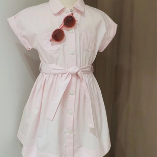法单~女童粉色衬衫连衣裙 儿童夏季腰带款短袖裙子 淑女气质裙