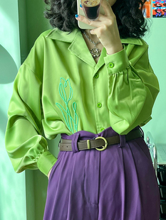 半童bantong原创设计复古郁金香，刺绣牛油果绿草绿色衬衫