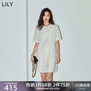 lily2024夏女装(夏女装)浪漫气质流苏短袖中长款连衣裙小白裙小个子女