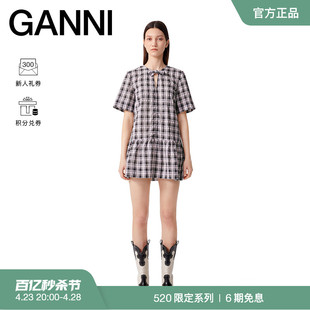 520系列GANNI女装 淡紫色格纹泡泡纱短款连衣裙 F9637428