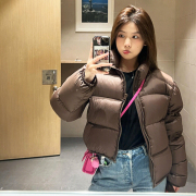 欧美式肯豆同款咖棕色短款棉服，女2023冬季小棉袄，面包服外套厚上衣
