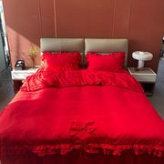 公主风荷叶边床上四件套床裙结婚房陪嫁床品大红色喜被套床上用品