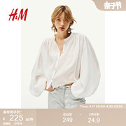 hm女装衬衫2024夏季透气立领，宽松碎褶中式领长袖衬衫1226955