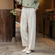新中式复古休闲裤女高腰，直筒裤子大码宽松亚麻，设计感显瘦长裤