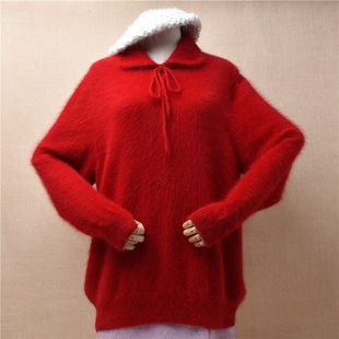 原单秋冬红色安哥拉兔毛时尚翻领系带宽松蝙蝠长袖套头毛衣女h65