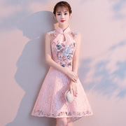 年轻旗袍夏季2024女短款中国风，少女改良版粉色伴娘礼服连衣裙
