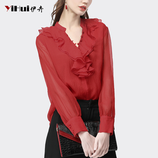 荷叶边v领雪纺衫女设计感洋气红色衬衫，气质通勤上衣2024春装