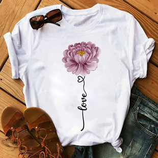 Love Floral T Shirt 夏季个性花朵爱心印花女式街头短袖圆领T恤