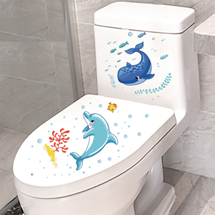 卫生间花朵装饰画个性马桶贴纸厕所防水墙贴搞笑趣味海豚蓝鲸墙纸