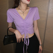 香芋紫色露脐短款t恤女短袖v领收腰系带，高腰漏脐装紧身抽绳上衣潮
