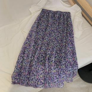 铺满紫色小花自制2021夏高档雪纺小碎花中长款A字半身裙显瘦