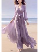 茶歇法式别致绝美紫色，雪纺连衣裙海边度假风超好看收腰仙女裙春夏