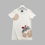 欧美白色圆领手绘苹果印花亮片钉珠装饰收腰修身甜辣女士短袖T恤