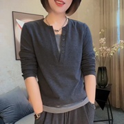 春季气质韩版假两件长袖上衣女，宽松遮肉百搭气质女装打底小衫