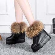 秋冬季内增高女鞋真皮狐狸，毛雪地(毛雪地)靴厚底，松糕短靴坡跟短筒靴子棉鞋