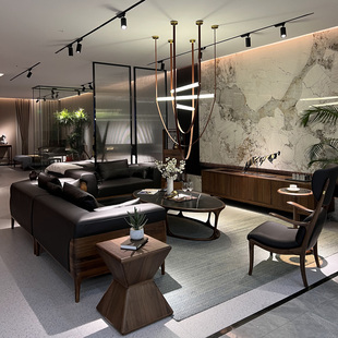 北美黑胡桃木实木，真皮沙发组合简约客厅经典，家具别墅套房样板房