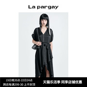 lapargay纳帕佳2024夏女装(夏女装，)黑色裙子，休闲短袖长款衬衫式连衣裙