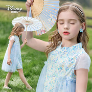 迪士尼品牌夏装女童短袖，国风网纱连衣裙小学生，旗袍式盘扣碎花裙子