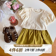 清凉夏季23夏款女童套装韩版童装儿童米色泡泡袖T恤黄色阔腿短裤