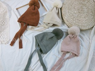 韩国童装定制纯手工编织儿童针织帽宝宝可爱毛线帽大毛球球护耳帽