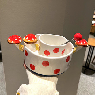 ins蘑菇陶瓷碗盘杯套装，日式立体手绘浮雕，盘餐具少女心卡通泡面碗