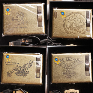 20支装青铜烟盒带充电打火机超薄不锈钢刻字多功能烟盒烟夹点烟器